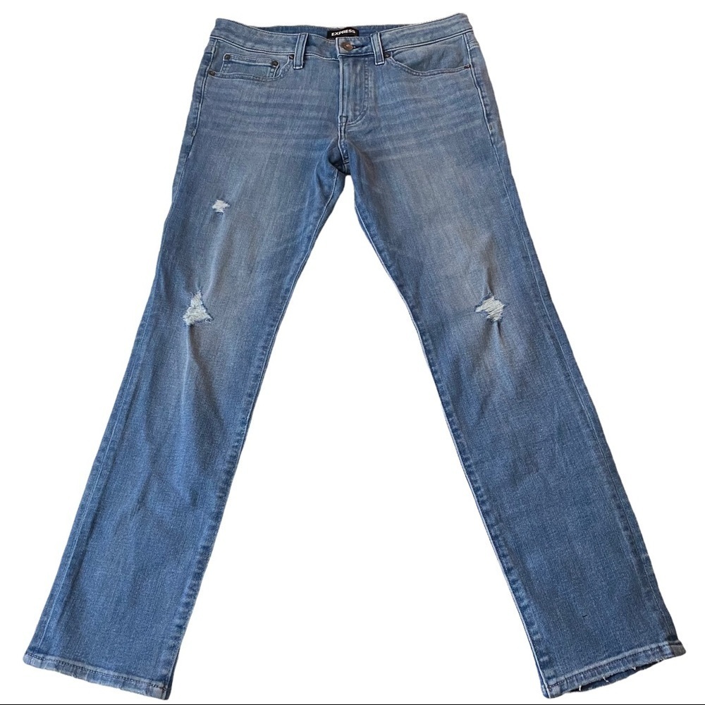 Express “4-Way Hyper Stretch” Light Wash Whiskered Ripped Denim Jeans Men 30x30